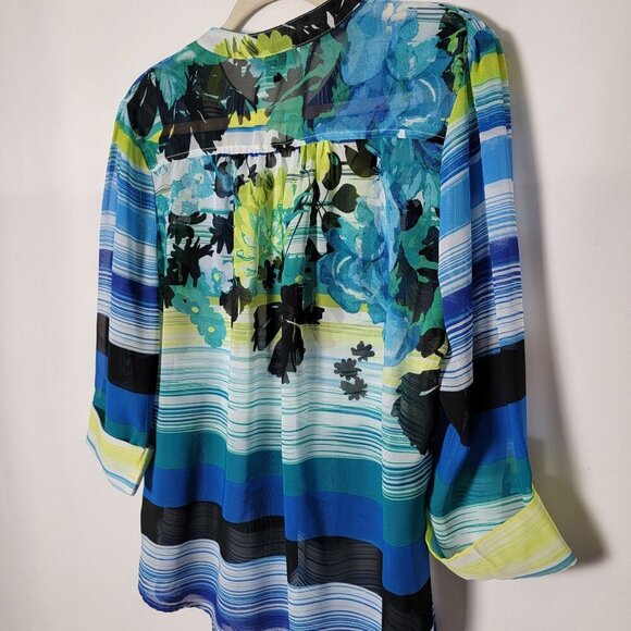 Cocomo Womens Blue Floral Striped Artsy 3/4 Sleeves Sheer Top Petite Large - Picture 7 of 9